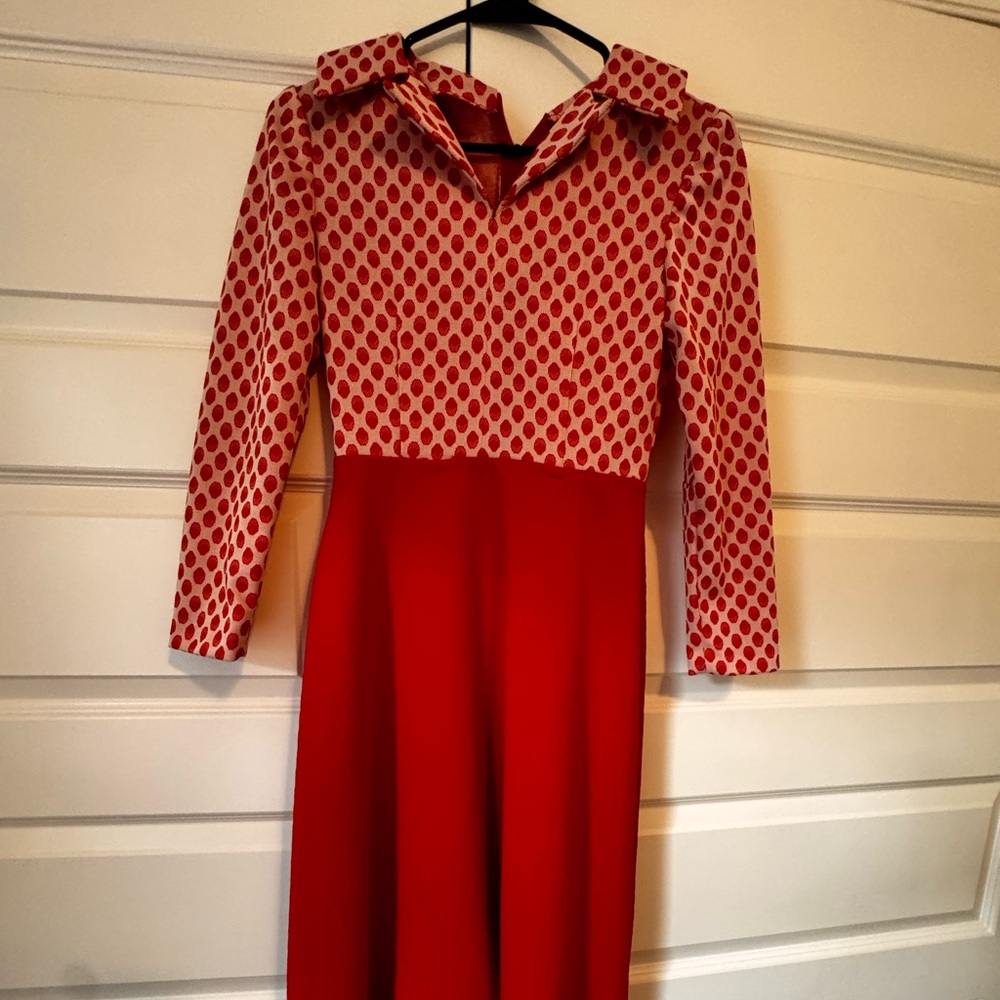 VINTAGE 70s Red Polka Dot Long Sleeve Dress